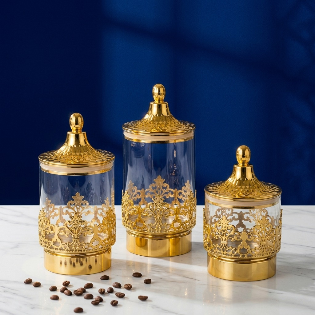 Coffee Tea And Sugar Canisters - علب تخزين شفافة مطلية بالذهب على