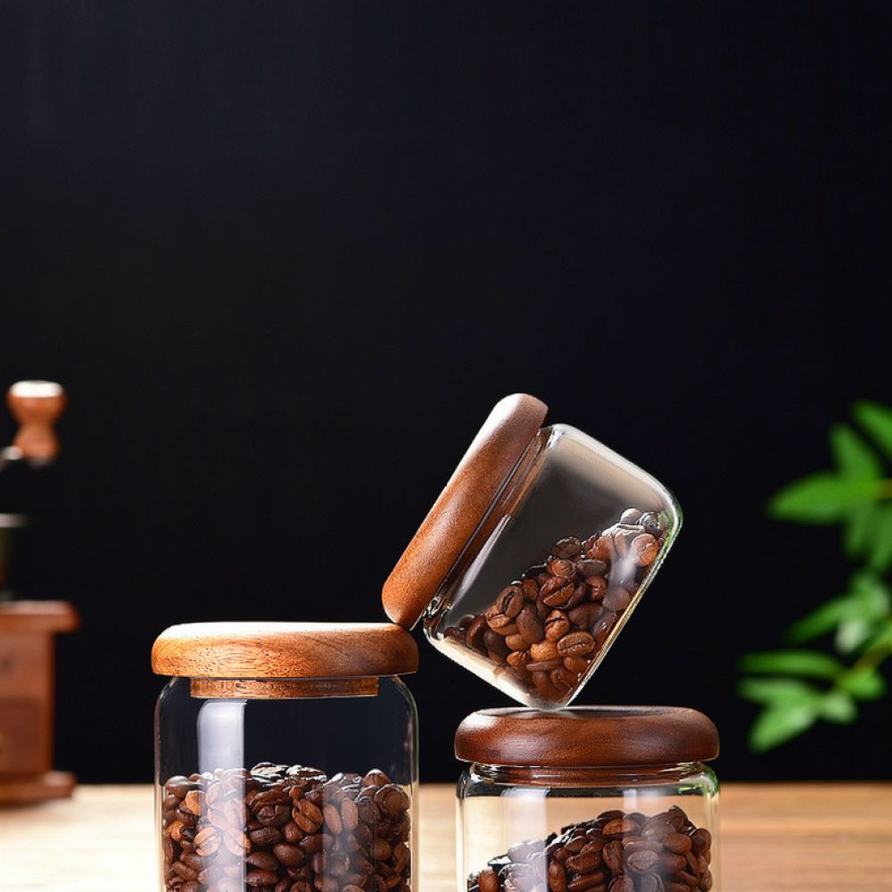 Coffee Tea Sugar Container Set - وعاء زجاجي مزخرف بغطاء خشبي من